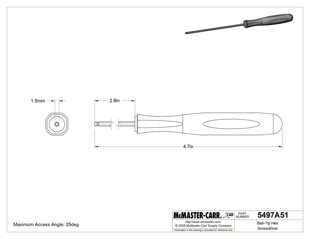 Technical Drawing of Ball-Tip Hex Screwdriver, 1.5 mm Drive Size, 4-3/4" Overall Length.